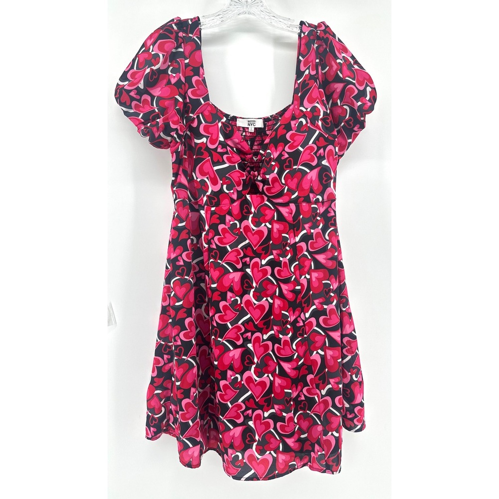 Madden NYC Women Pink Red Heart Print Puff Sleeve Mini Dress Large Valentines